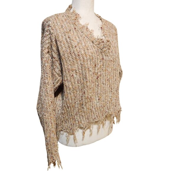 Jolt Women's Size Small Distressed Beige Speckled Knit Cropped Sweater V Neck - Picture 2 of 11